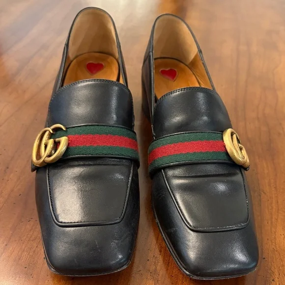 Gucci Black Leather Loafers with Gold and Green-Red Stripe Webbing, 37.5 - Picture 1 of 6